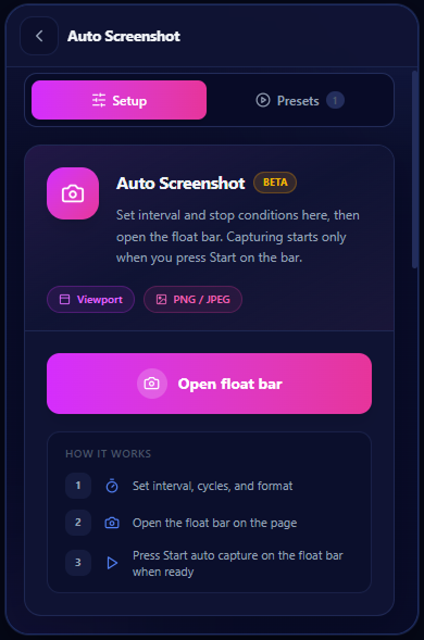 Auto Screenshot Setup screen
